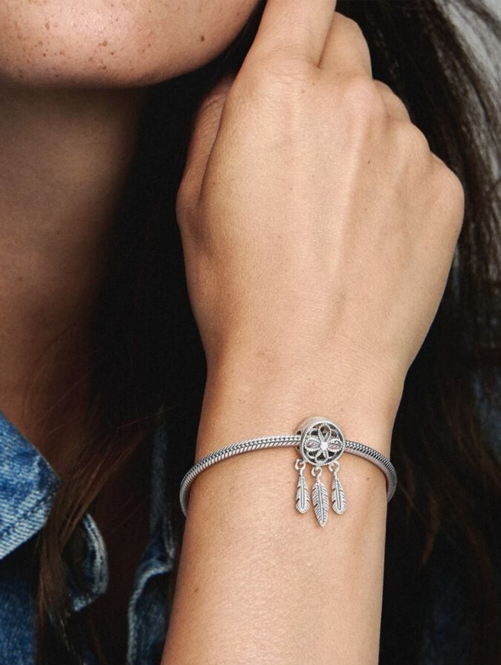 Pandora Sterling Silver Heart Dreamcatcher Dangle Charm with Feather Drops